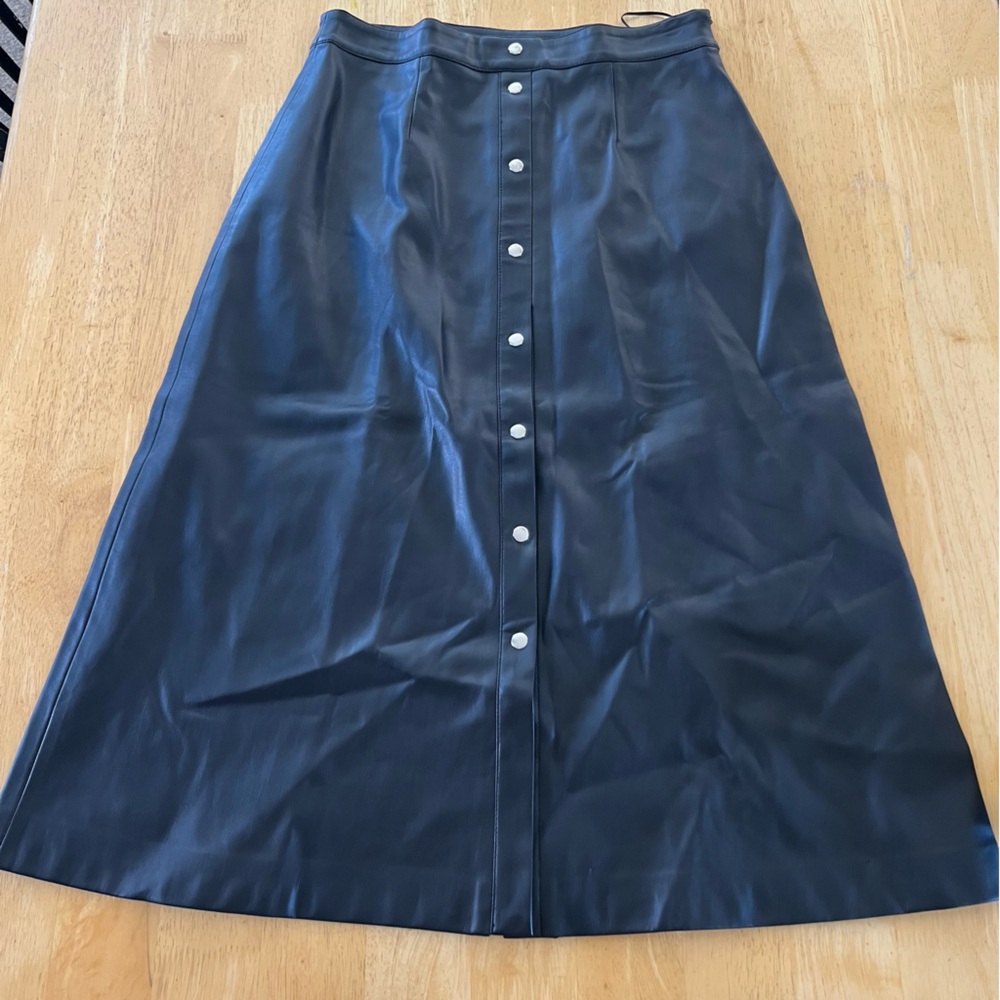 Classic Black Faux Leather A-Line Button-Front Skirt